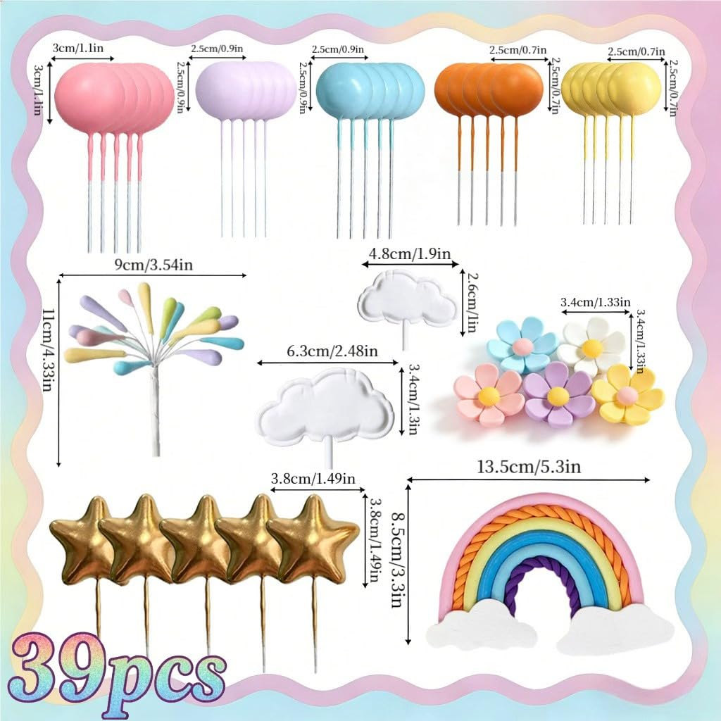 Rainbow Cake Topper 39pcs Rainbow Cake Decorations with Pastel Balls Topper Daisy Flower Cupcake Decroation,Boho Party Decorations for Groovy Hippie Birthday Wedding Baby Shower Cupcake Decorations