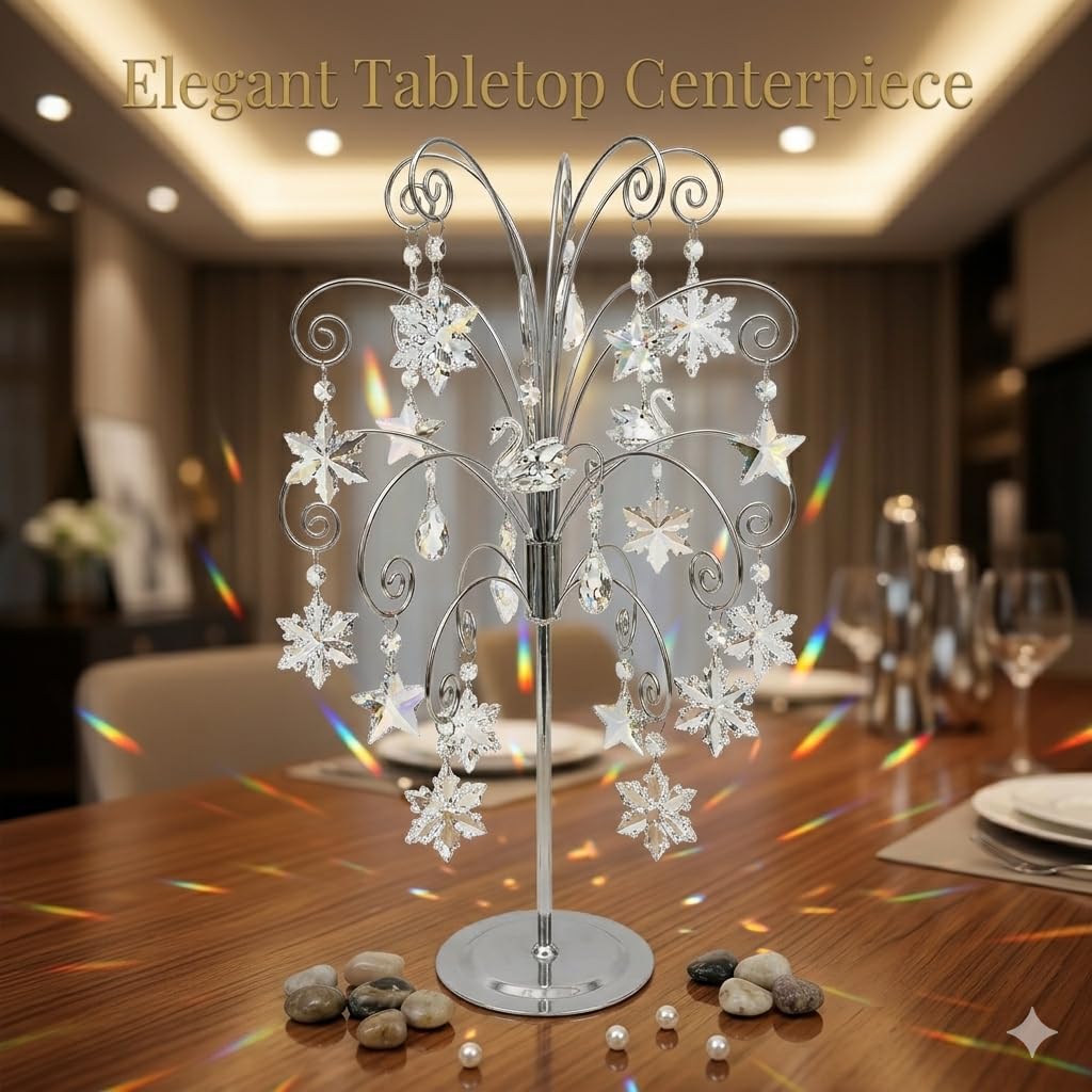 HOHIYA 20” Ornament Display Stand Chrome Silver Metal Hanging Tree Holder for Swarovski Crystal Glass Ornaments Tabletop Christmas Halloween Easter Decoration Display Rack