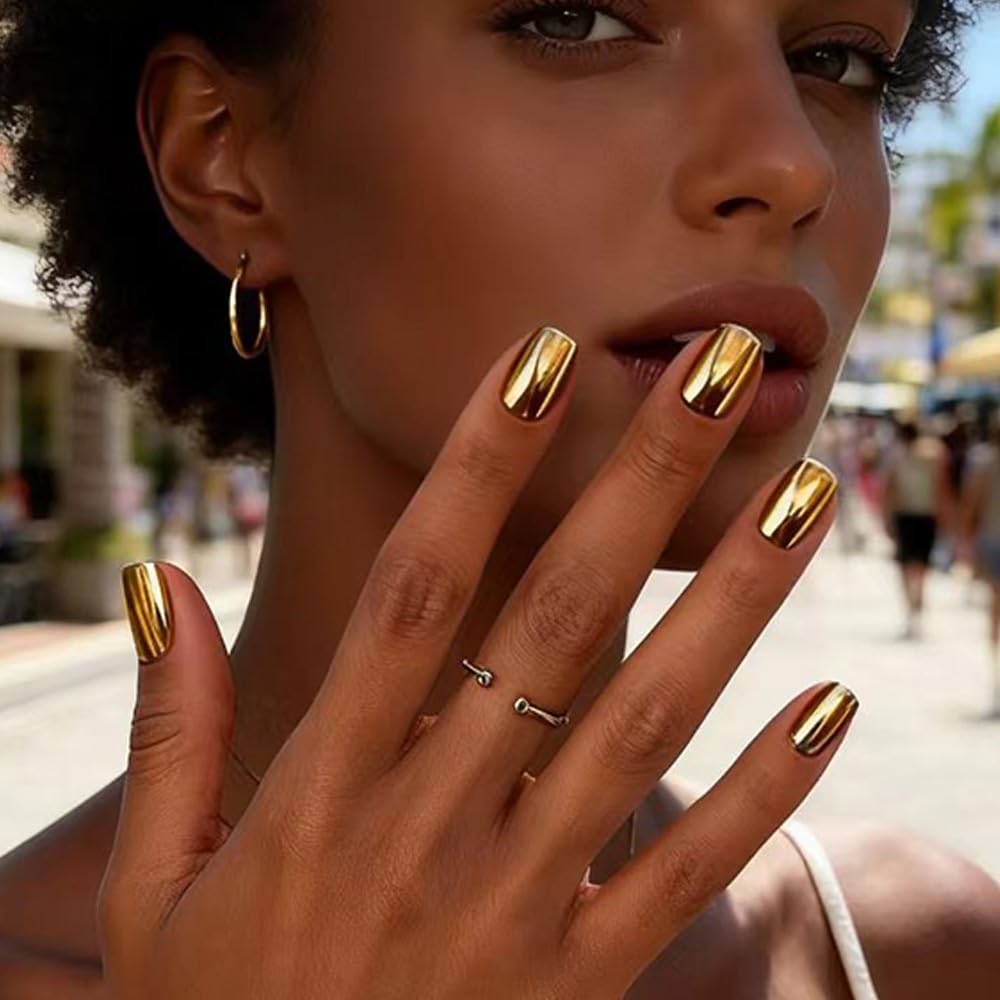FJSMTOPl Gold Press on Nails Square Fake Nails Short False Nails with Designs Metallic Holographic Glue on Nails Acrylic Nails Glossy Stick on Nail for Women Nail Manicure