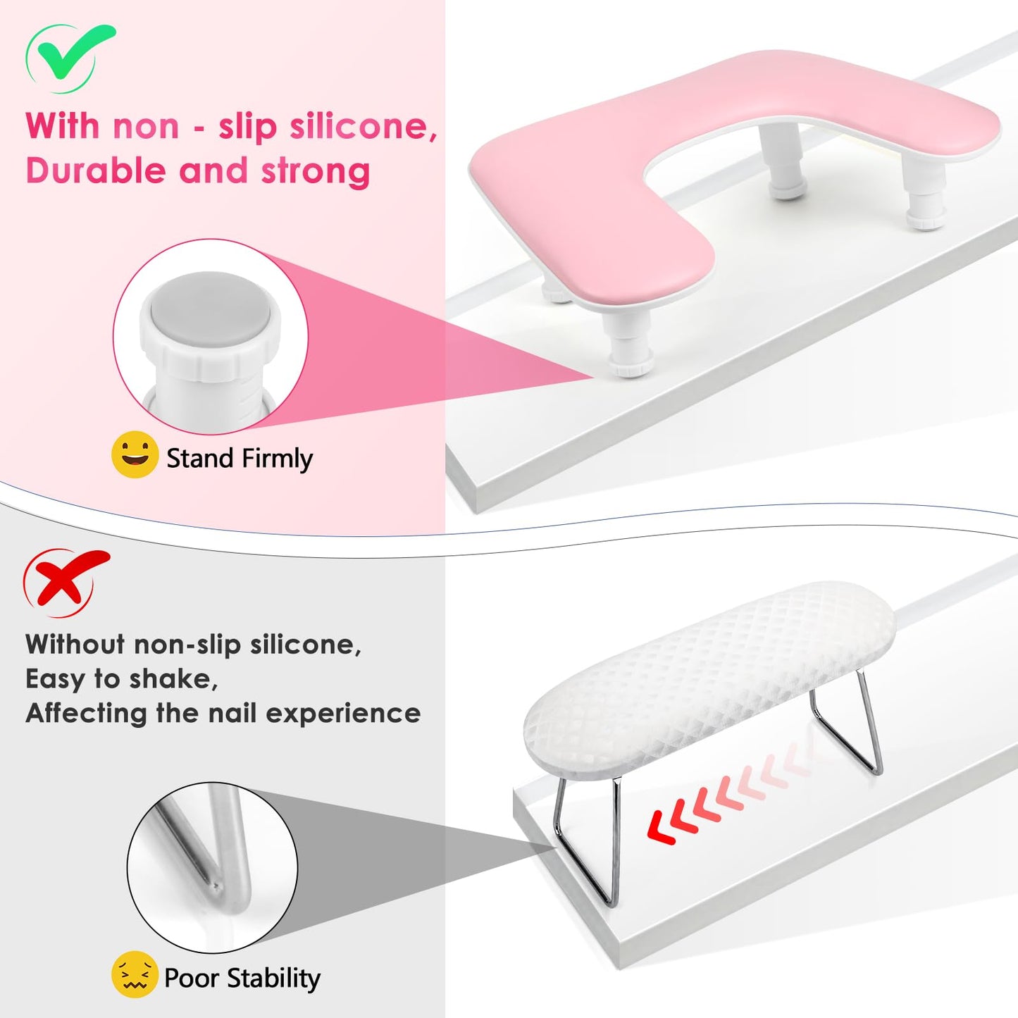 Manicure Arm Rest for Nails Tech: U-shaped Adjustable Nail Armrest - Pink PU Leather Hand Stand Rest for Manicurists