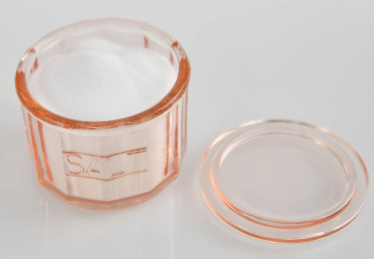 HOME-X Depression Style Pink Glass Salt Cellar with Lid, Retro Kitchen Decor, Wedding Gift - 3 1/2" H x 4" D