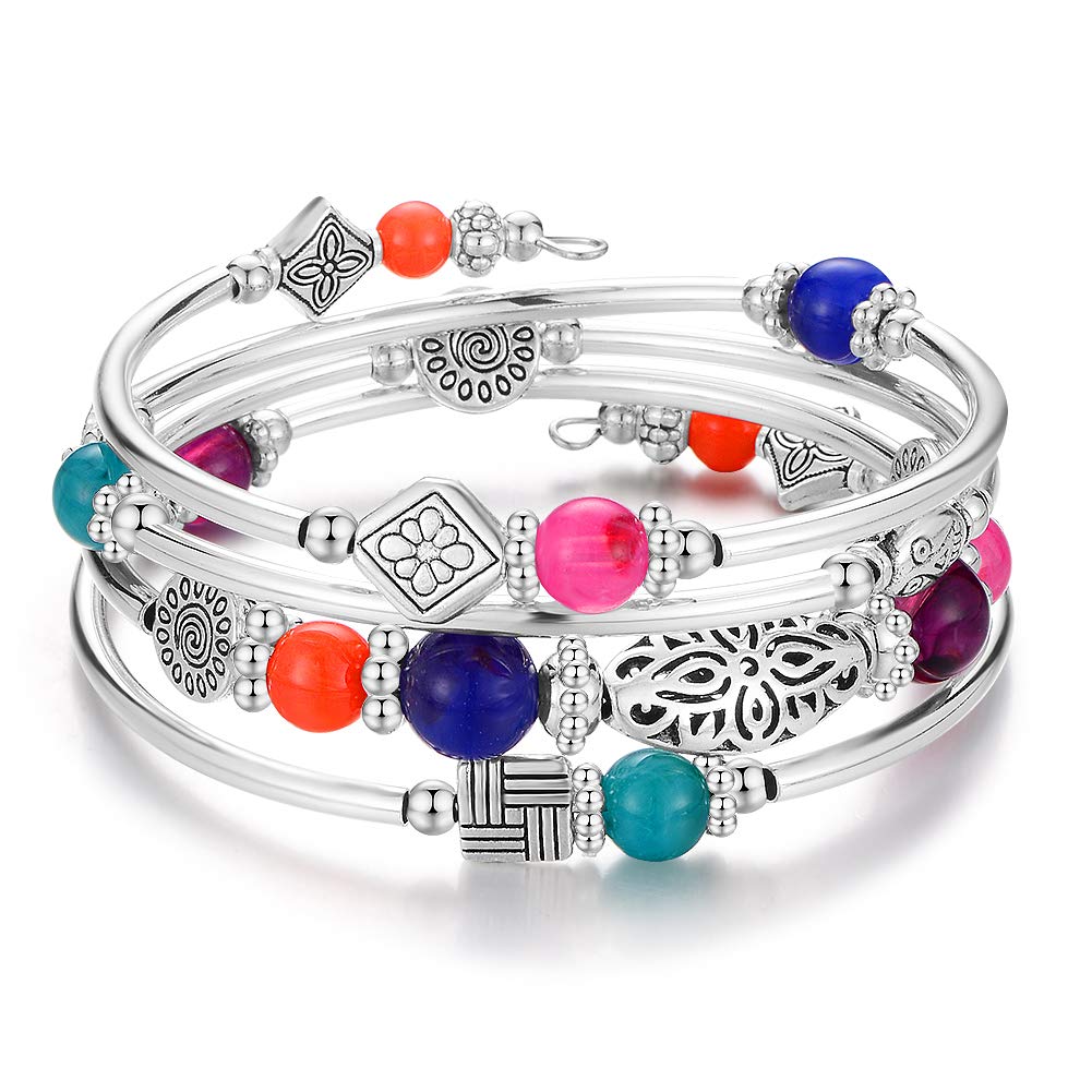 BULINLIN Layered Wrap Bangle Turquoise Bracelet - Bead Bracelet with Natural Agate Stone, Gifts For Women (07-Colorful)