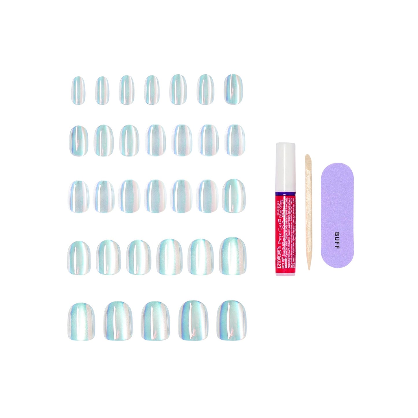 Kiss Glam, Press On Nails, Nail glue included, 'Celestique', Blue, Short Size, Round Shape, Includes 32 Nails, 2g Glue, 1 Manicure Stick, 1 Mini File