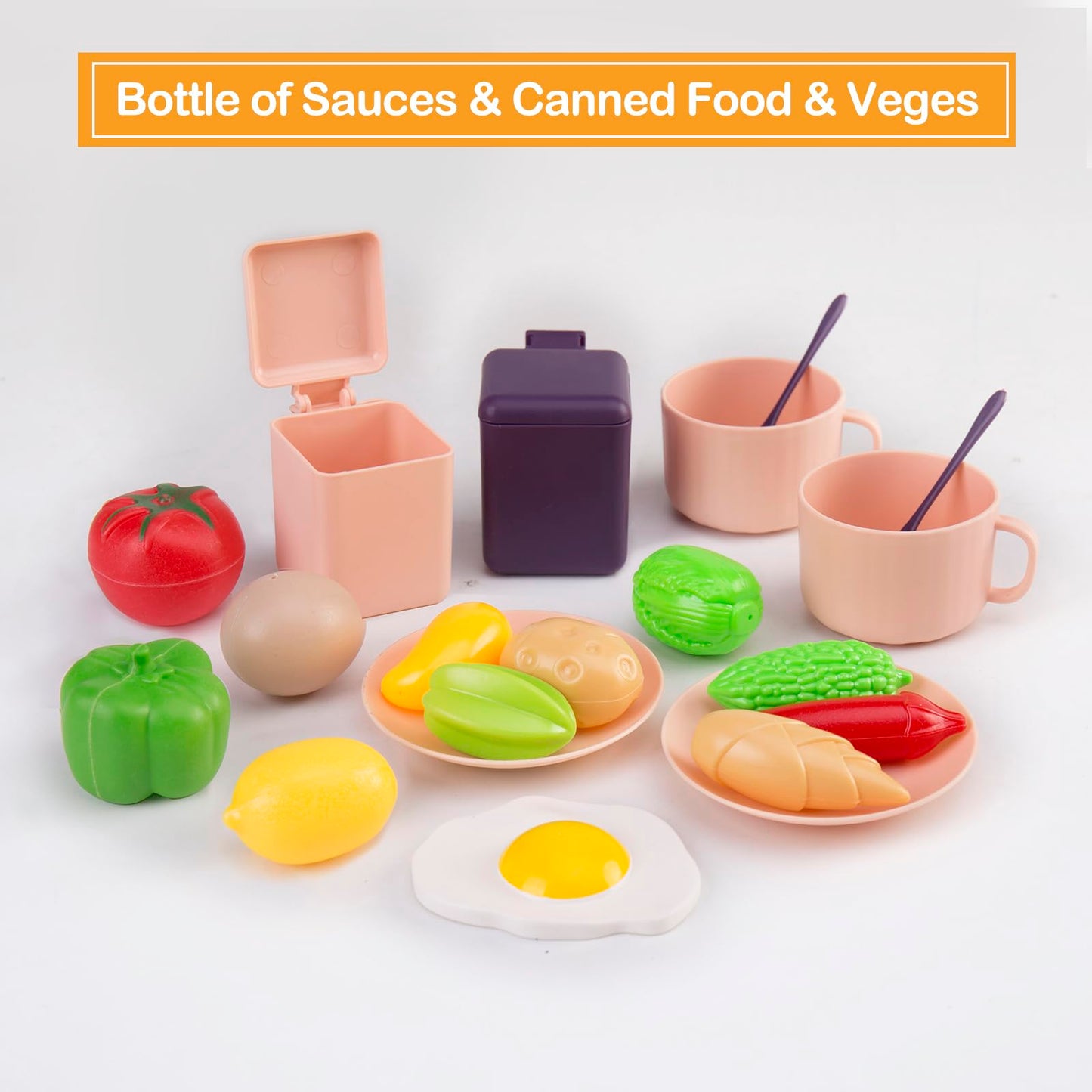 56Pcs Mini Play Kitchen Accessories for Kids, Pretend Cooking Playset with Cookware, Tableware & 2 Fruit Sets, Learning Gift for Girls, Boys, Toddlers, Pink