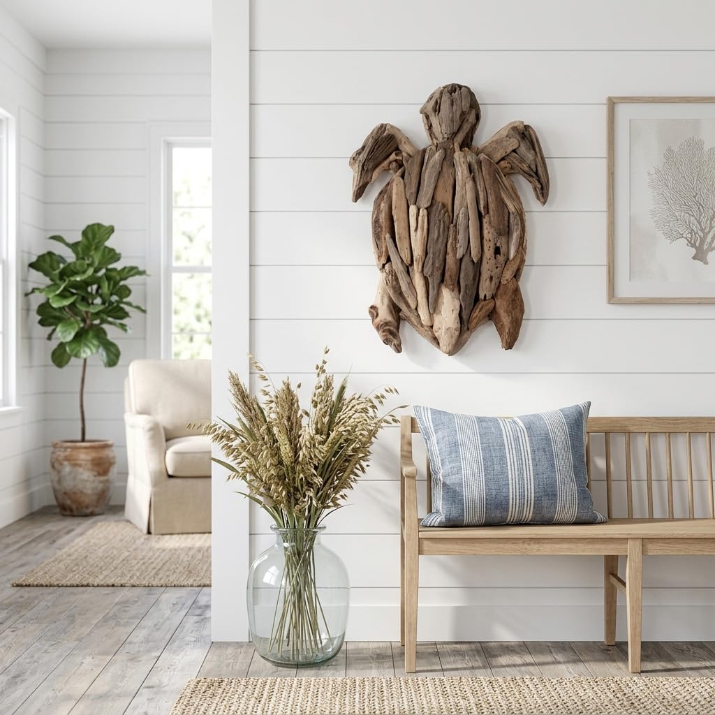 Wooden Driftwood Turtle Sculpture – Relaxed Coastal Room Decor Accent, Living Room or Patio Wall Display, Organic Texture and Artful Home Decor Silhouette – 16"x 22"x 3", Brown