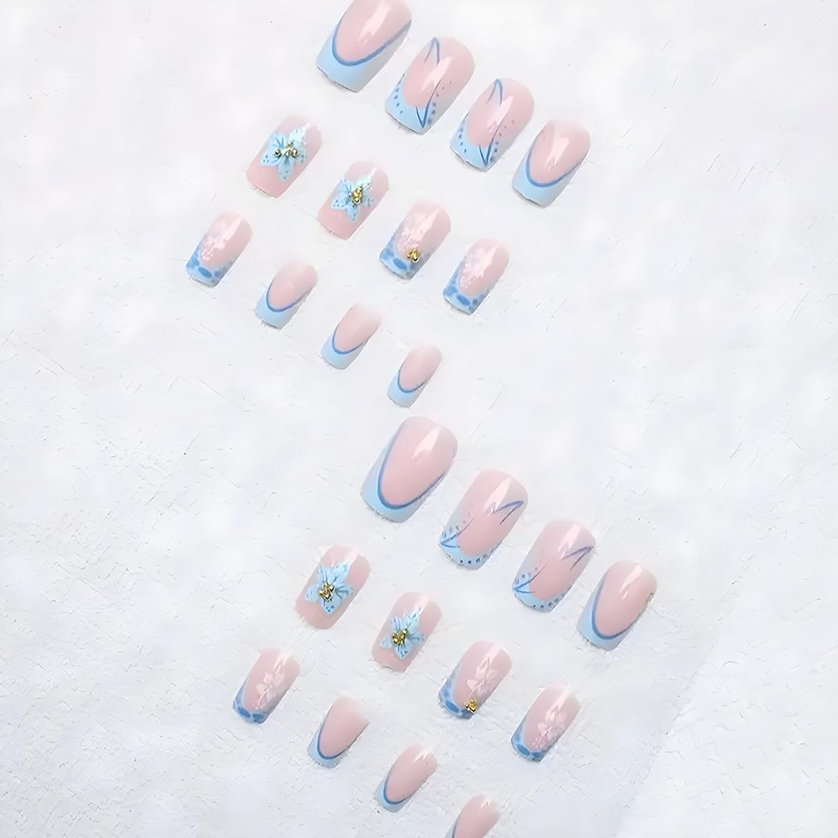 Blue Flower Press on Nails Short Square False Nails French Tip Fake Nails with Gold Beads Flower Design Spring Summer Glue on Nails Cute Acrylic Nails Glossy Artificial Stick on Nails for Women 24Pcs