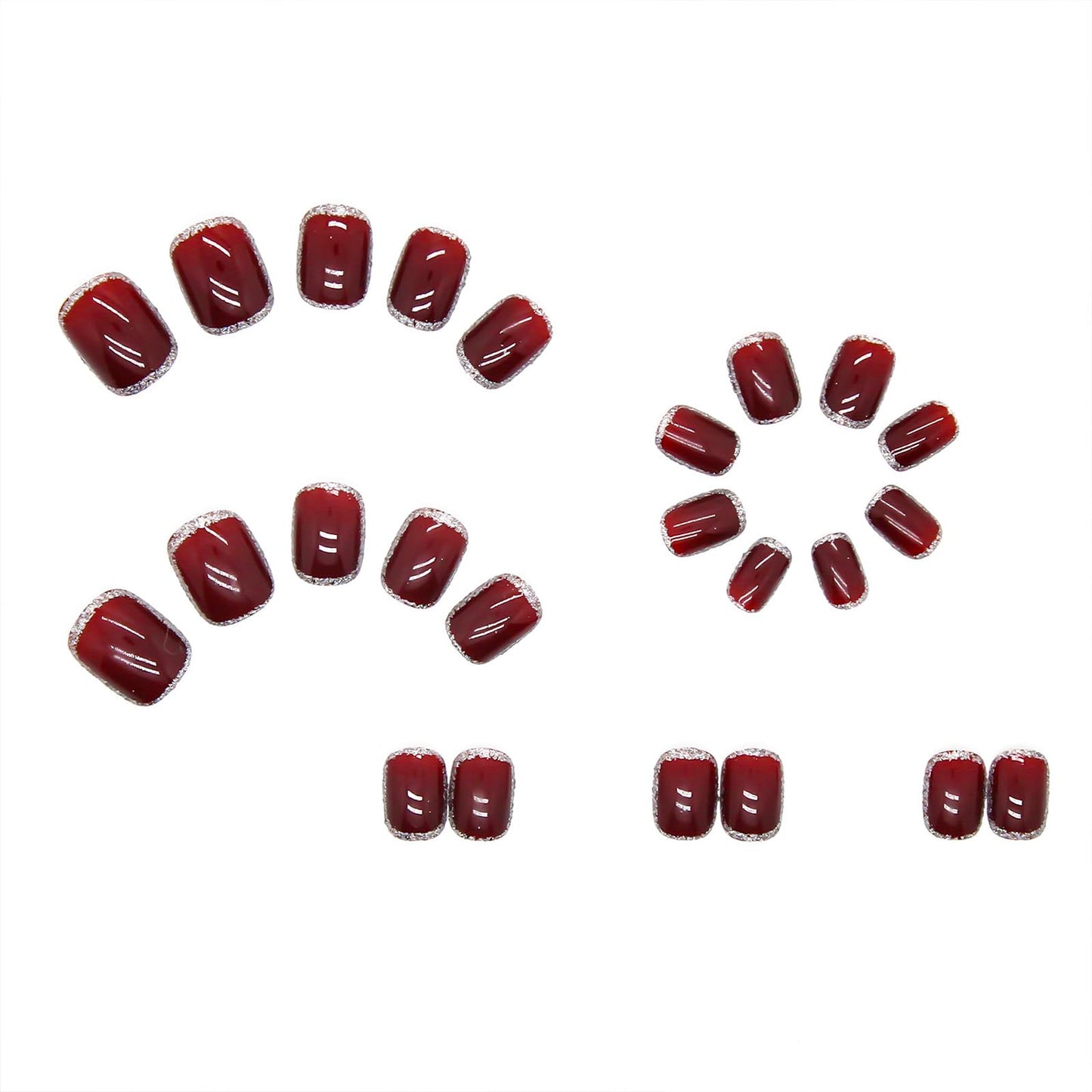 Wine Red Press On Nails Short Squoval Fake Nails Glitter Square Acrylic Nails Press Ons Glossy Glue on Nails Stick On Nails for Women Girls Manicure Gel Nail Kit 24pcs