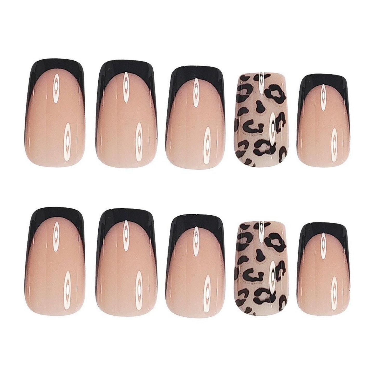 24 Pcs French Press on Nails Short Square Shaped Fake Nails with Black Leopard Print Designs Full Cover Acrylic Nails Glossy False Nails Stick on Nails Women Nails Manicure Decoration