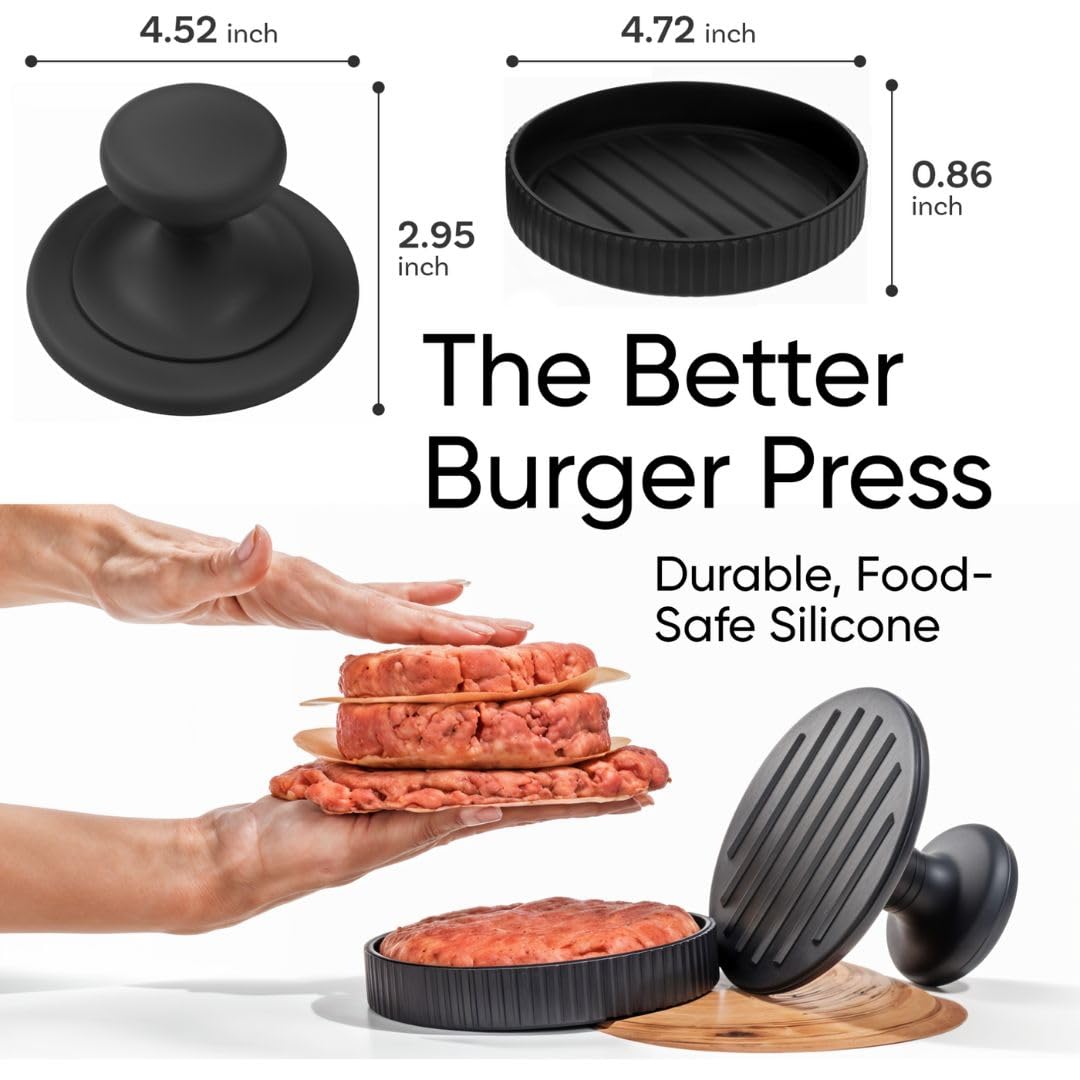 BRAVADIN Silicone Non-Stick Hamburger Press Patty Maker 1/3 lb with 100 Papers for 4.5-6" Patties with Ring Mold- Dishwasher Safe Burger Smash Press for Griddle-Burger Shaper Form Tool