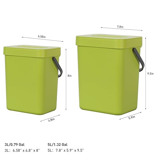 EKO Puro Wall-Mounted Trash Can with Lid, 1.32 Gal / 5L Hanging Trash Can, Small Kitchen Compost Bin for Counter Top, Mini Food Waste Bin (Green)