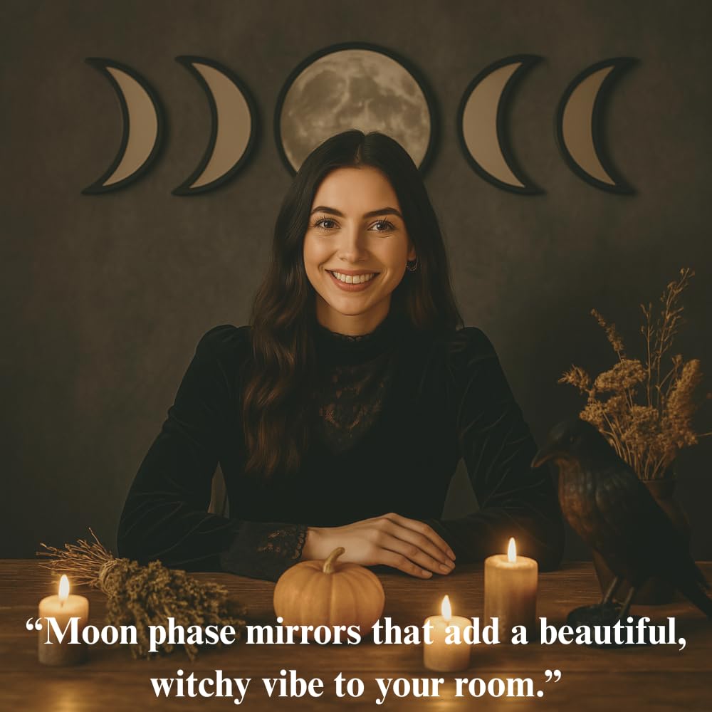 Black Magic Witch Moon Mirror – Announcing Love Gothic and Boho Home Wall Decor - Glass Moon Phase Mirror Set with Crystal Clear Reflection - Moon Mirror Wall Decor for Living Room Bedroom Nursery