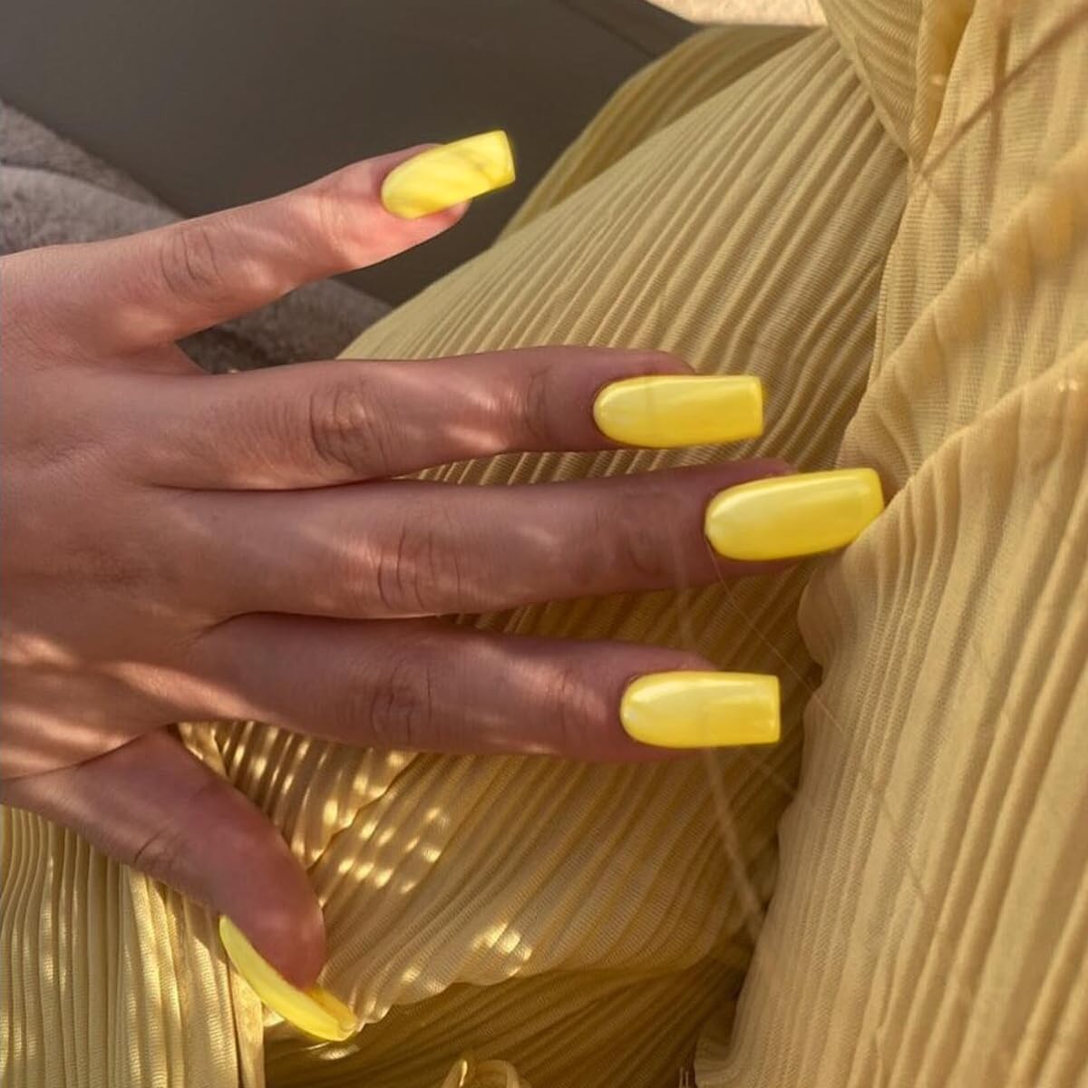 KQueenest Yellow Press On Nails Long Medium Coffin Gloss Bright Solid Color Full Cover Long Medium Fake Nails For Women, Thick Acrylic Glue on Nails for Daily Wear, 24 Pcs
