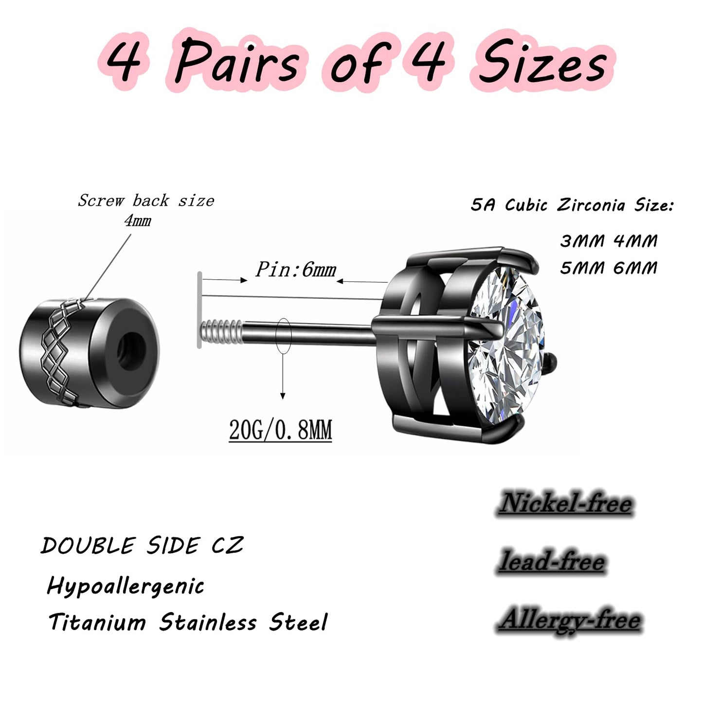 4 Pairs Titanium Hypoallergenic Red Stud Earrings for Sensitive Ears,Black 5A Cubic Zirconia Screw Back Stud Earrings for Women Men Surgical Stainless Steel Double Side Earrings red stud earrings