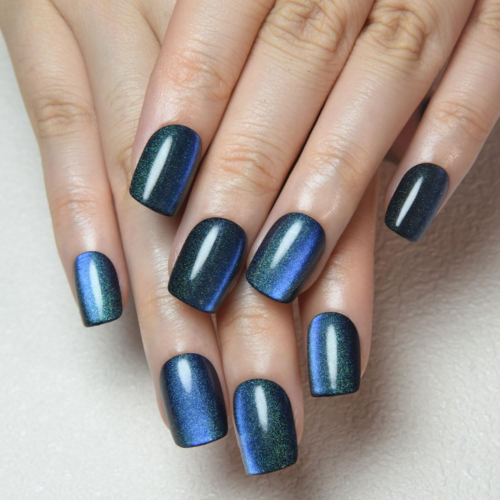 evpct Teal Blue Cat Eye Extra Short Square Press on Nails, Petite Short Square Stick on Nails for Women Gift, Holographic Glossy Fake Nail Reusable, Soft Press on Acrylic Nail with Designs
