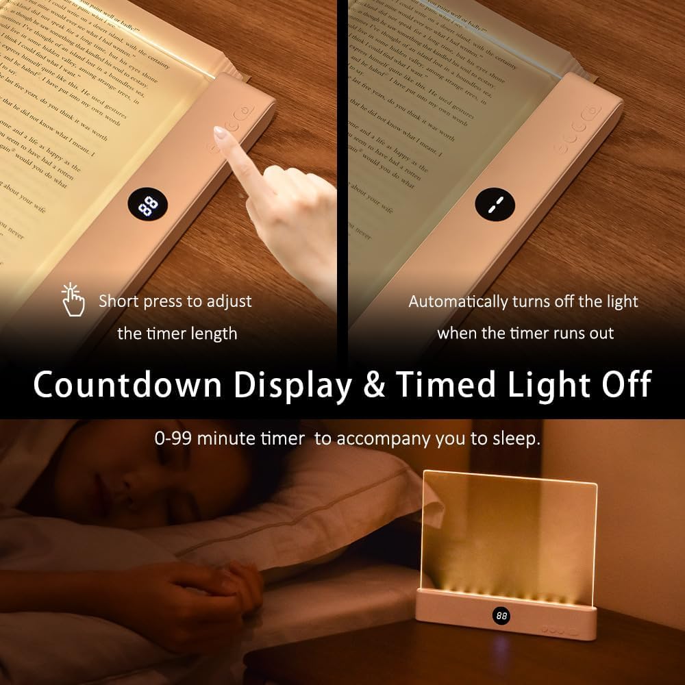 Strackvial Book Light, 3 Color Adjustable LED Flat Reading Light, Rechargeable Clear Panel Plate Lamp with Timer & Memory Function, Bedside Lamp Book Lovers Gifts for Boys and Girls Women Man (Black)