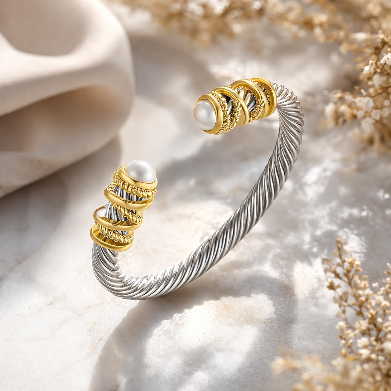 OSIRIDEH2 Elegant Twisted Cable Bangle Bracelet for Women - Open Cuff Classic Jewelry Gift for Anniversary, Valentine, Birthday (Twisted Gold)