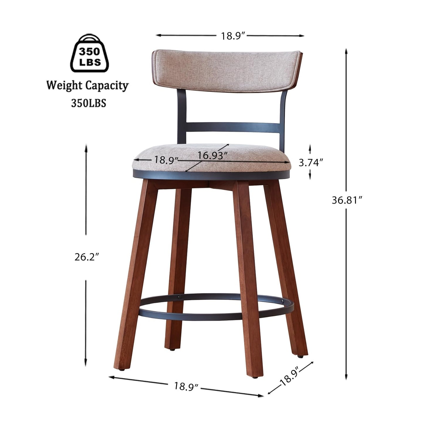 Finekoze Modern Bar Stools Set of 2, 26" Thick Upholstered Barstools with Curved Frabic Backrest&Solid Wood Legs&Matte Metal Frame, Counter Height Bar Stools for Kicthen Island,Khaki