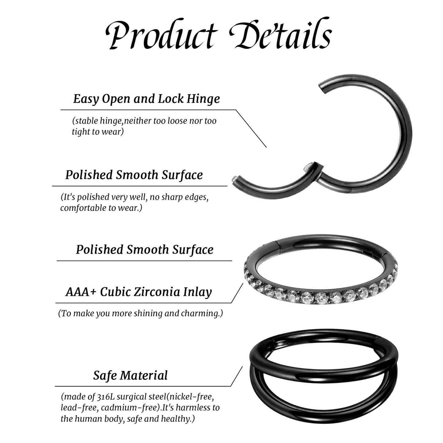 GAGABODY Conch Piercing Jewelry Nose Ring Hoop Earrings 20g Nose Hoop Black 6mm Septum Jewelry Surgical Steel Septum Ring with CZ Septum Clicker Lip Rings Helix Earring Double Hoop Cartilage Earring