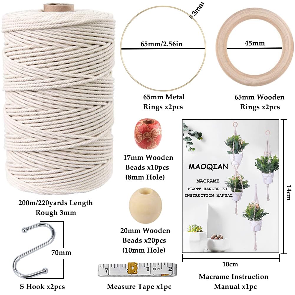 MAOQIAN 3 in 1 Macrame Kit for Beginners, 3mm x 220yards Cotton Macrame Cord, 3 DIY Macrame Plant Hanger Kits for Adults with Instructions Macrame Supplies Best for Macrame Plant Hanger Kit