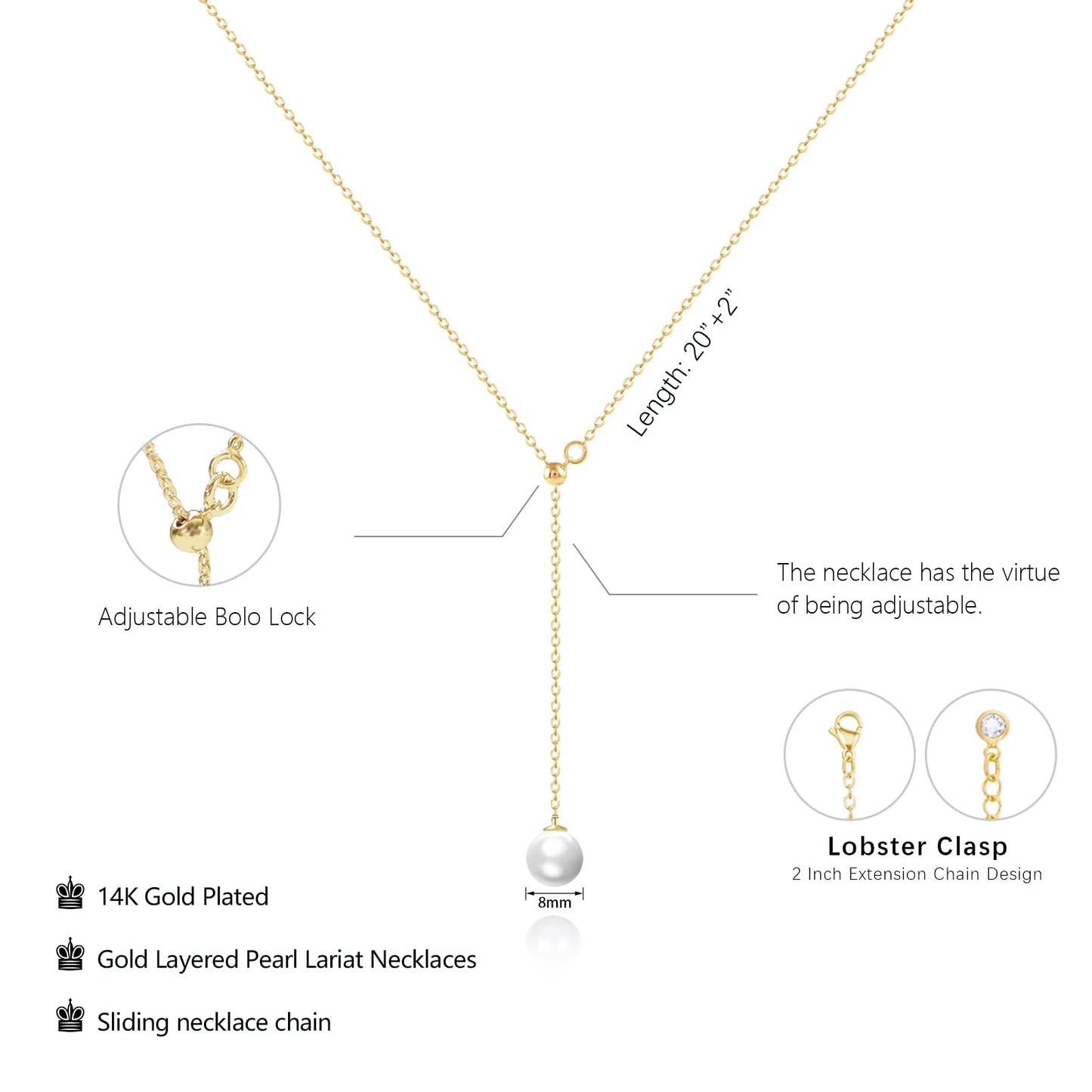 Luxval Long Pearl Necklaces Dainty Gold Pearl Lariat Necklace Stack Prom Drop Dangle Statement Adjustable Necklace Trendy Simple Pearl Choker Y-Shaped Chain Wedding Women's Jewelry Set Gift