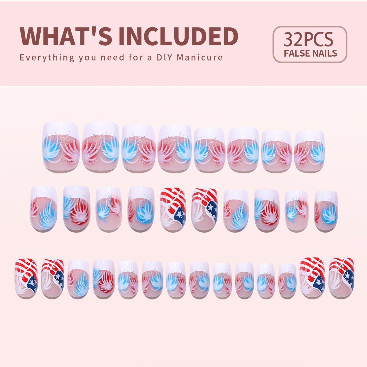 Curvlife Tip Press on Nails Acrylic Fake Nails with Design Full Cover False Nails for Women Reusable Nail Kit with Nail Glue Adhesive Tabs Nail File (AM, Short)
