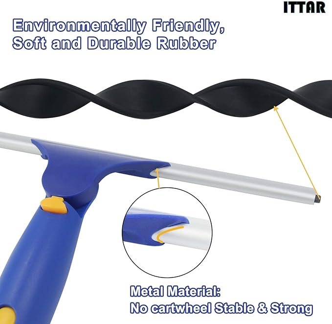ITTAR Window Squeegee with 2 Sets Stainless Steel Pole, Squeegee Cleaning Tools with Microfiber Pads, 60"-72" Telescopic Window Washing Kit, Professional Squeegee Cleaner for Home Car Outside Glass