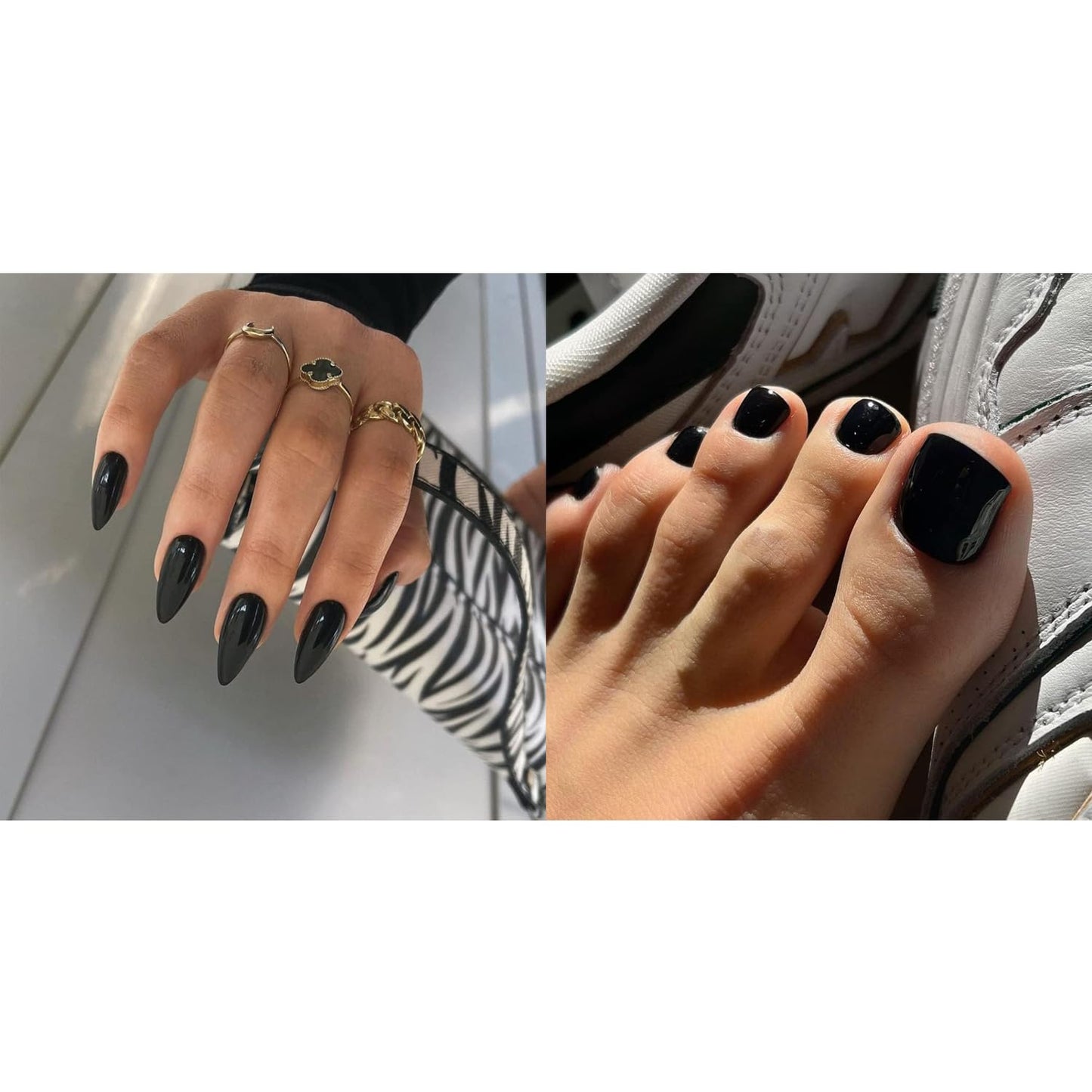 KQueenest Black Press on Nails Medium Almond &Black Press on Toes Short Square For Beach Party Daily Decoration in 48 PCS