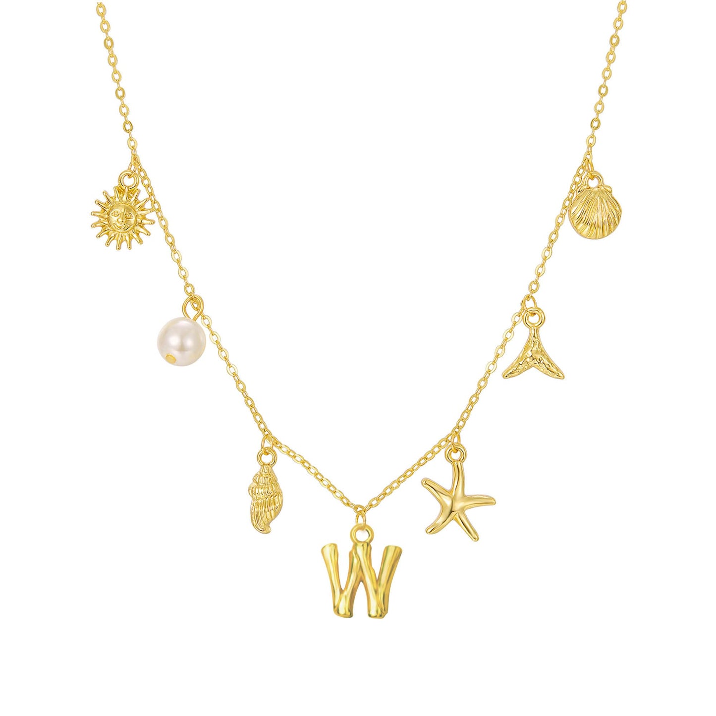 JALZEMPL Initial Charm Necklace For Women Shell Seashell Summer Beach Letter 14K Gold Plated Pendant Starfish Surfer Boho Jewelry Gifts (W)