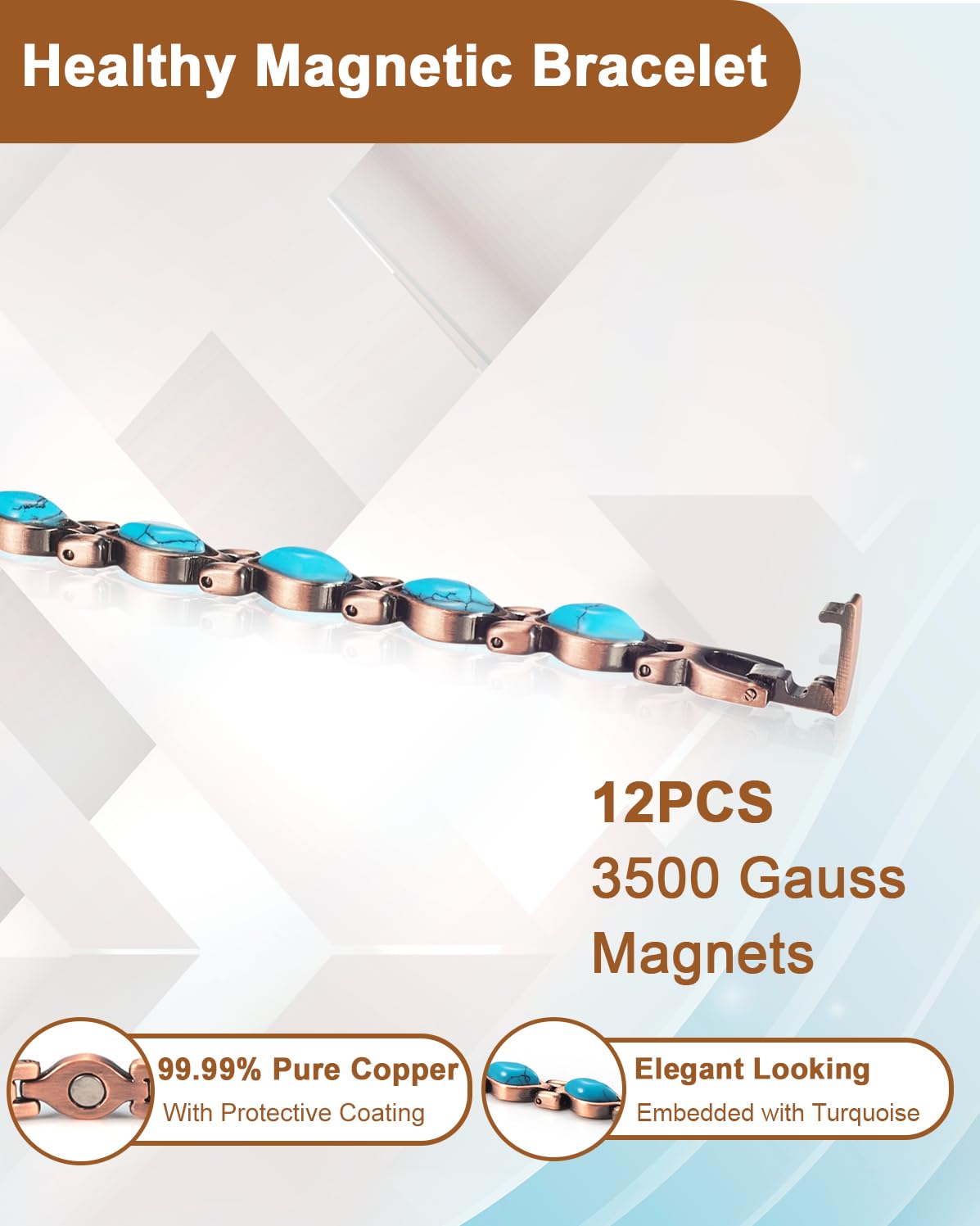 EnerCoppeX Copper Magnetic Bracelet for Women - Turquoize Detox Jewelry with 3500 Gauss Magnet (E)