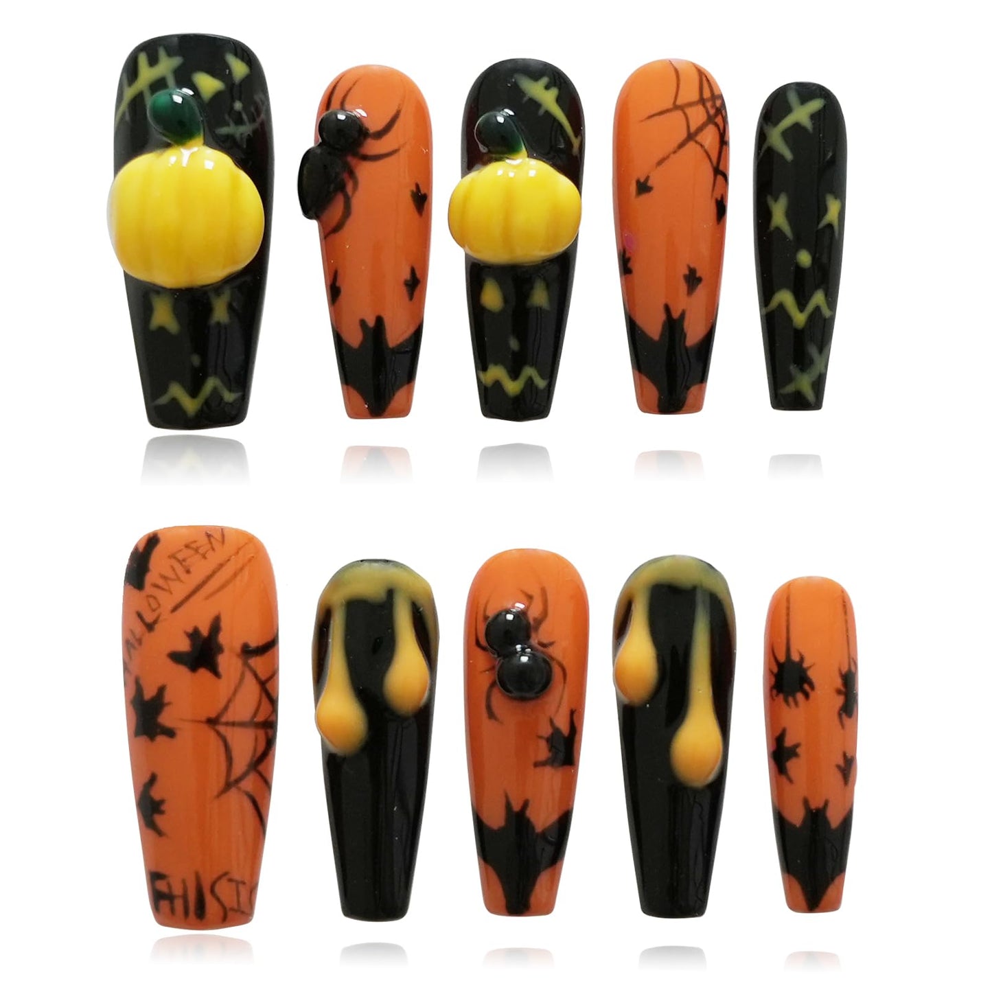 Tesytto Handmade Goth Press on Nails Long Coffin - Black 3D Bat & Spider Web Design, Cool Alt Style Luxury Glue on Nails (Pumpkin Bat Silhouette,M)