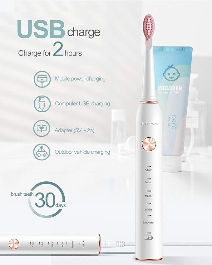 High Vibration 38000VPM Sonic Electric Toothbrush for Adults with Timer Dupont Brush Heads Ultra Whitening 5-Modes - White