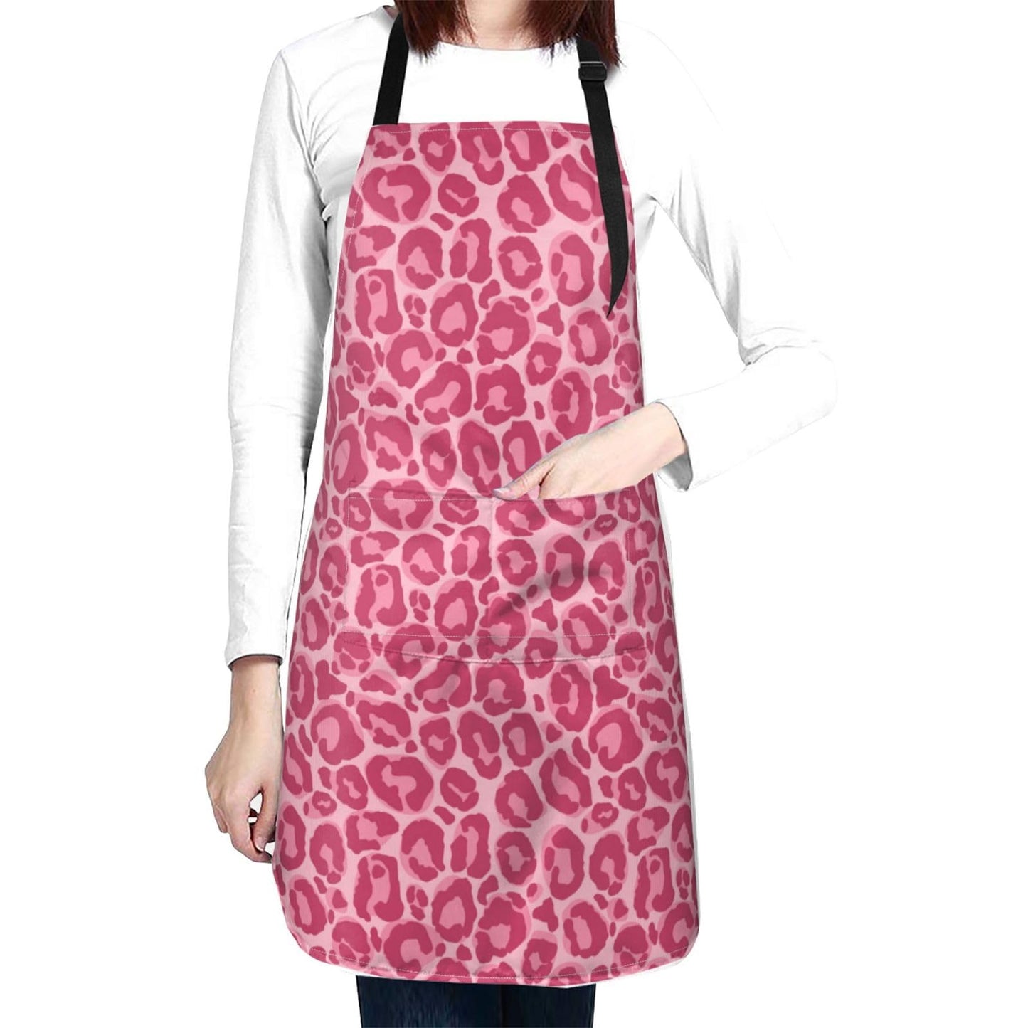 Perinsto Pink Leopard Animal Skin Waterproof Apron With 2 Pockets Kitchen Chef Aprons Bibs For Cooking Baking Painting Gardening Grooming