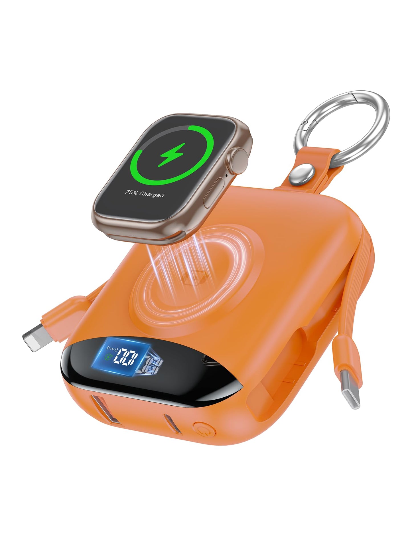 Portable Charger, 10000mAh 22.5W Fast Charging Power Bank with Built-in Cables, Travel Essentials Battery Pack with LED Display for iPhone, Portable iWatch Charger for 11/10/9/8/7/6/5/SE/Ultra Orange