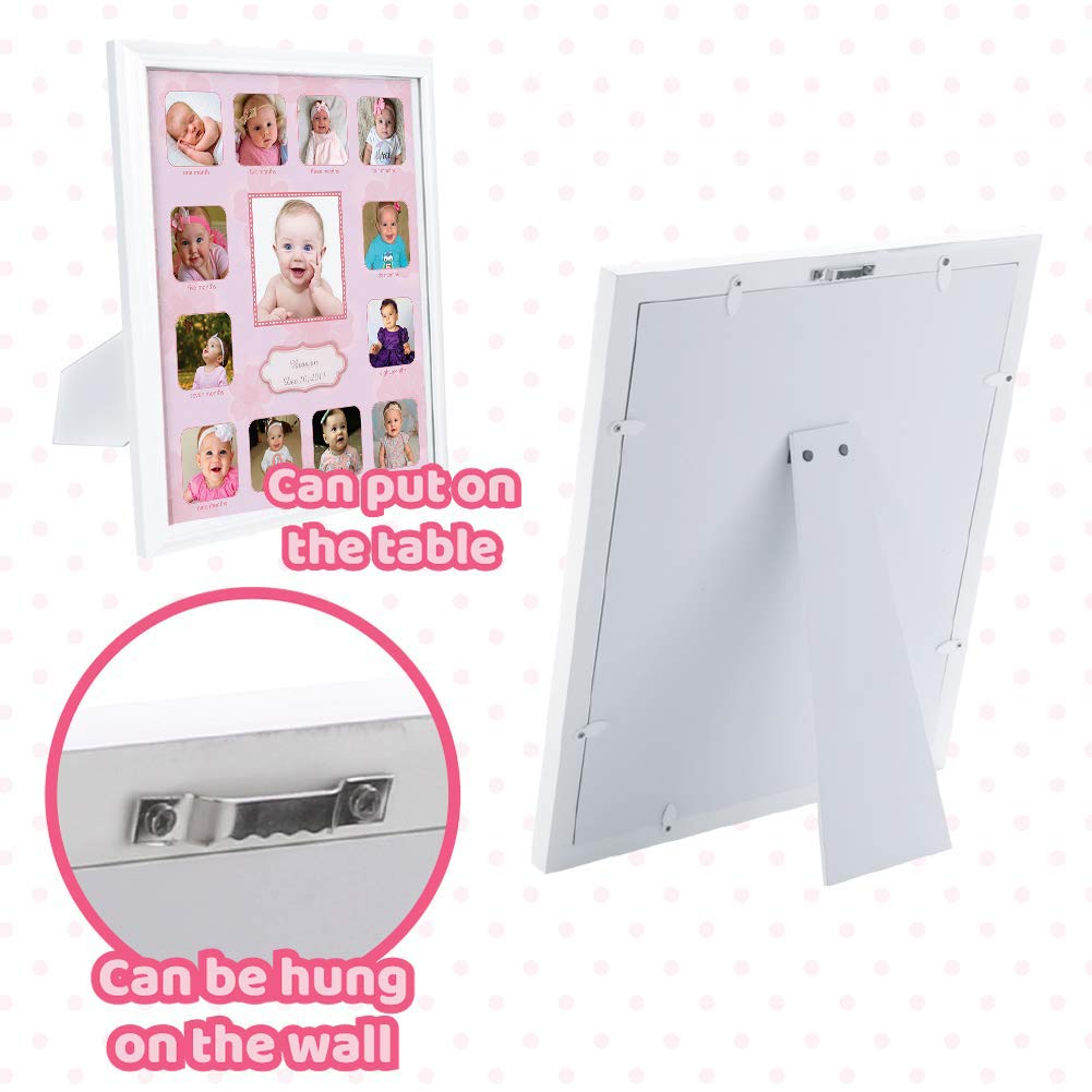 Comfecto 12 Month Baby Picture Frame Collage, Babies First Year Photo Frame, First Year Baby's Memory Frame, Milestone Keepsake Display for Newborn, Baby Registry Gift for Expecting Parents, Pink
