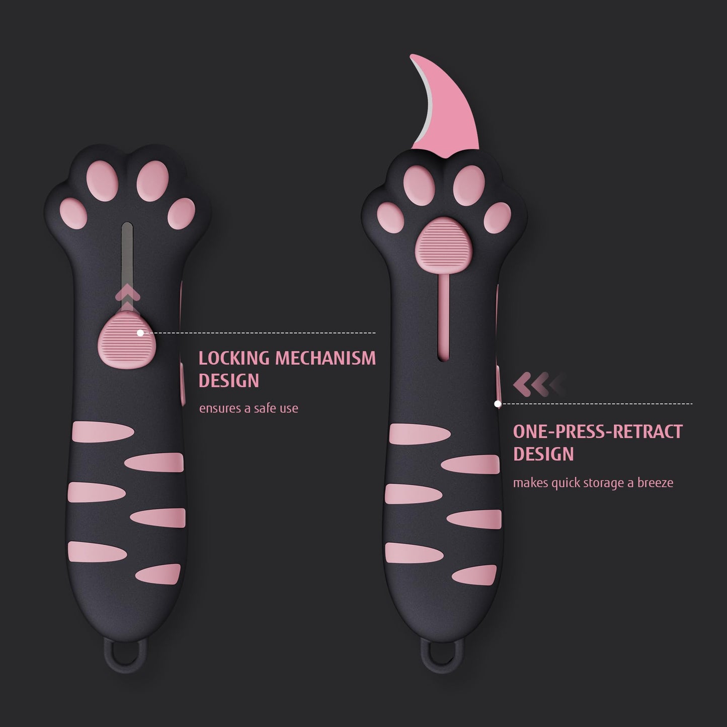 MEOWKIT Cat Paw Box Cutter Retractable with Cat Paw Handle, Multifunctional Knife Set (Black)