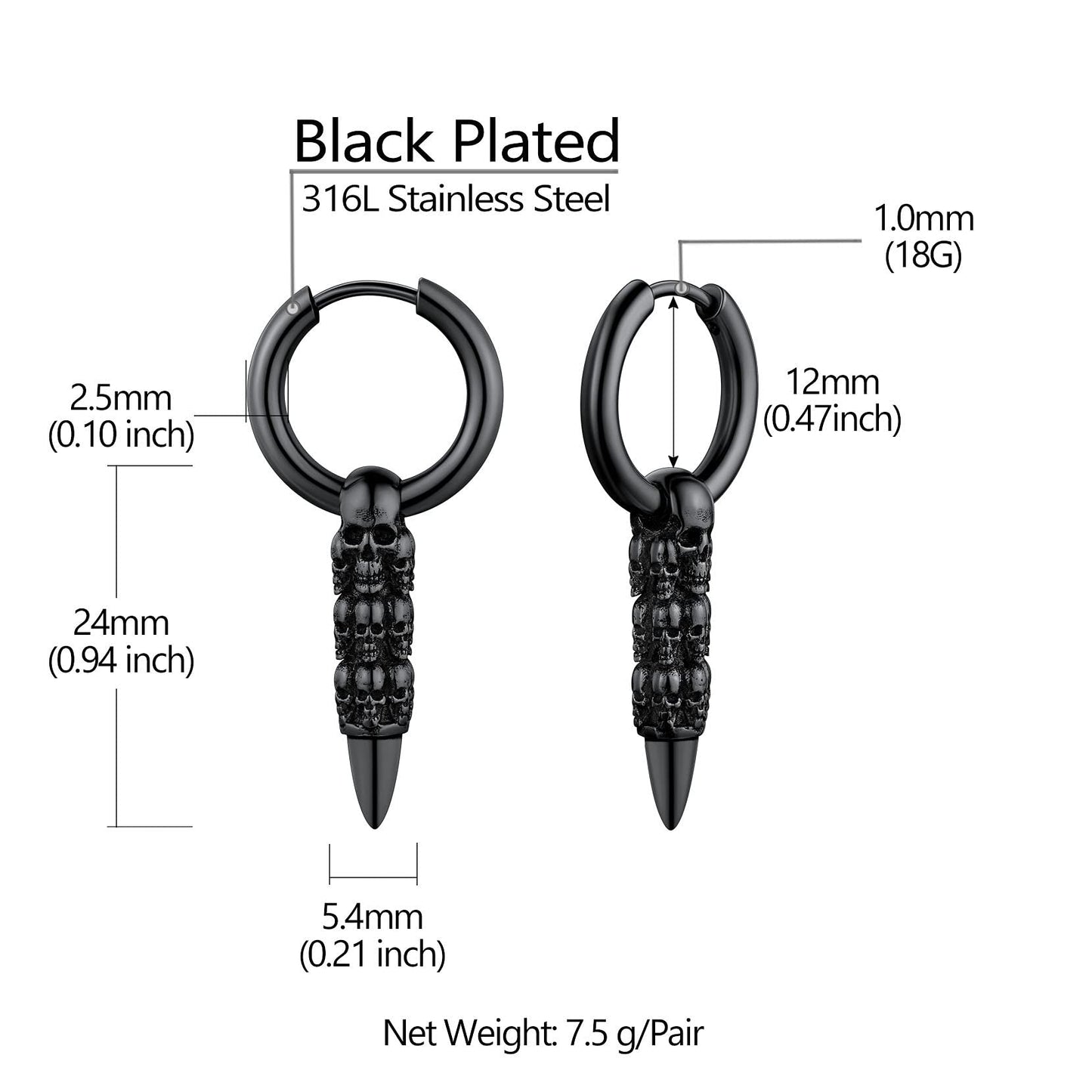 Black Skull Huggie Hoop Earrings Punk Gothic Dangle Skull Bullet Earring for Men Halloween Jewelry