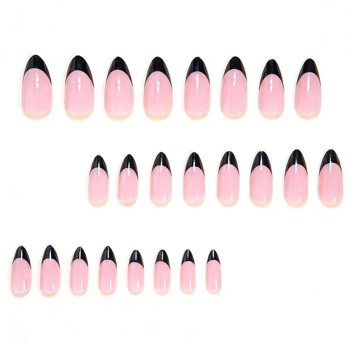 24Pcs Black Press on Nails with French Tip Design, Glossy Medium Almond Fake Nails French Nail Tips Solid Color Stick on Fingernails Nude False Nail Cute Exquisite Elegance Fashion Simple for Women