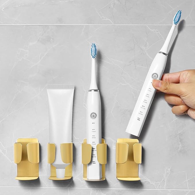 Electric Toothbrush Holder Wall Mount, 304 Stainless Steel Self-Adhesive Bathroom Organizer for Electric Toothbrush, Toothpaste & Face Wash-Space Saving, Waterproof, Holds Up to 10lbs (Golden 2 Pack)