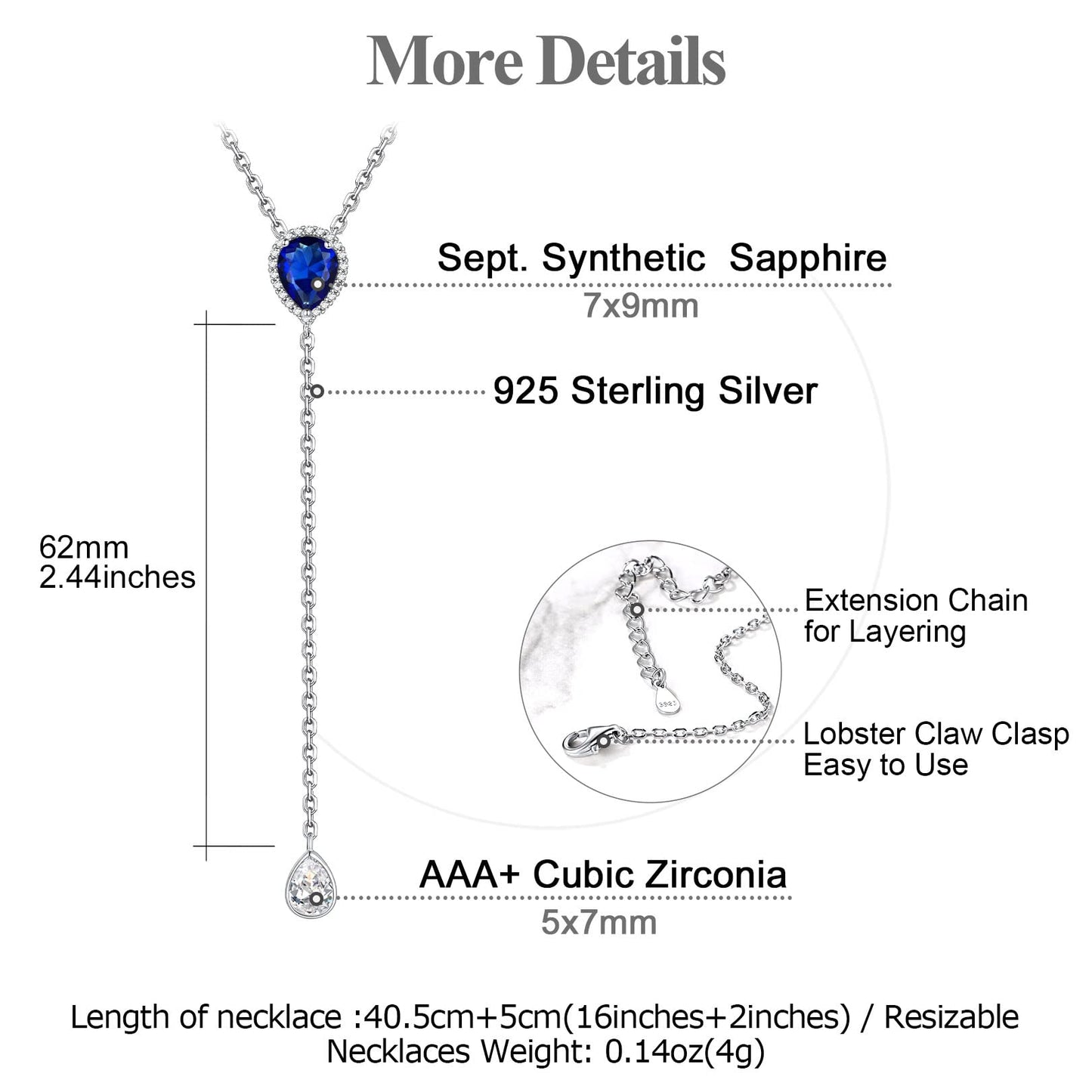FOCALOOK 925 Sterling Silver CZ Teardrop Lariat Necklace 16"-18" Y Drop Adjustable Birthstone Necklaces for Women