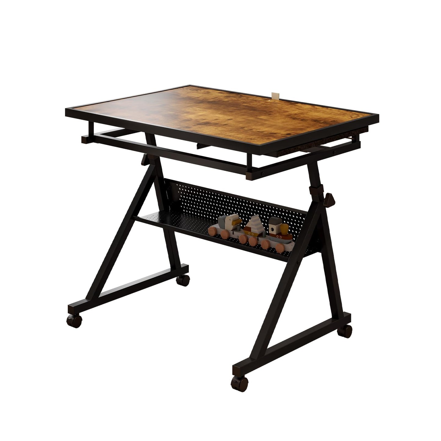 Adjustable Height & Angle Puzzle Table with Wheels, Jigsaw Puzzle Board for Adults, Metal Puzzle Desk with 4 Felt Trays, Wooden Protective Cover and Storage Shelf, Portable Puzzle Table,Brown & Black