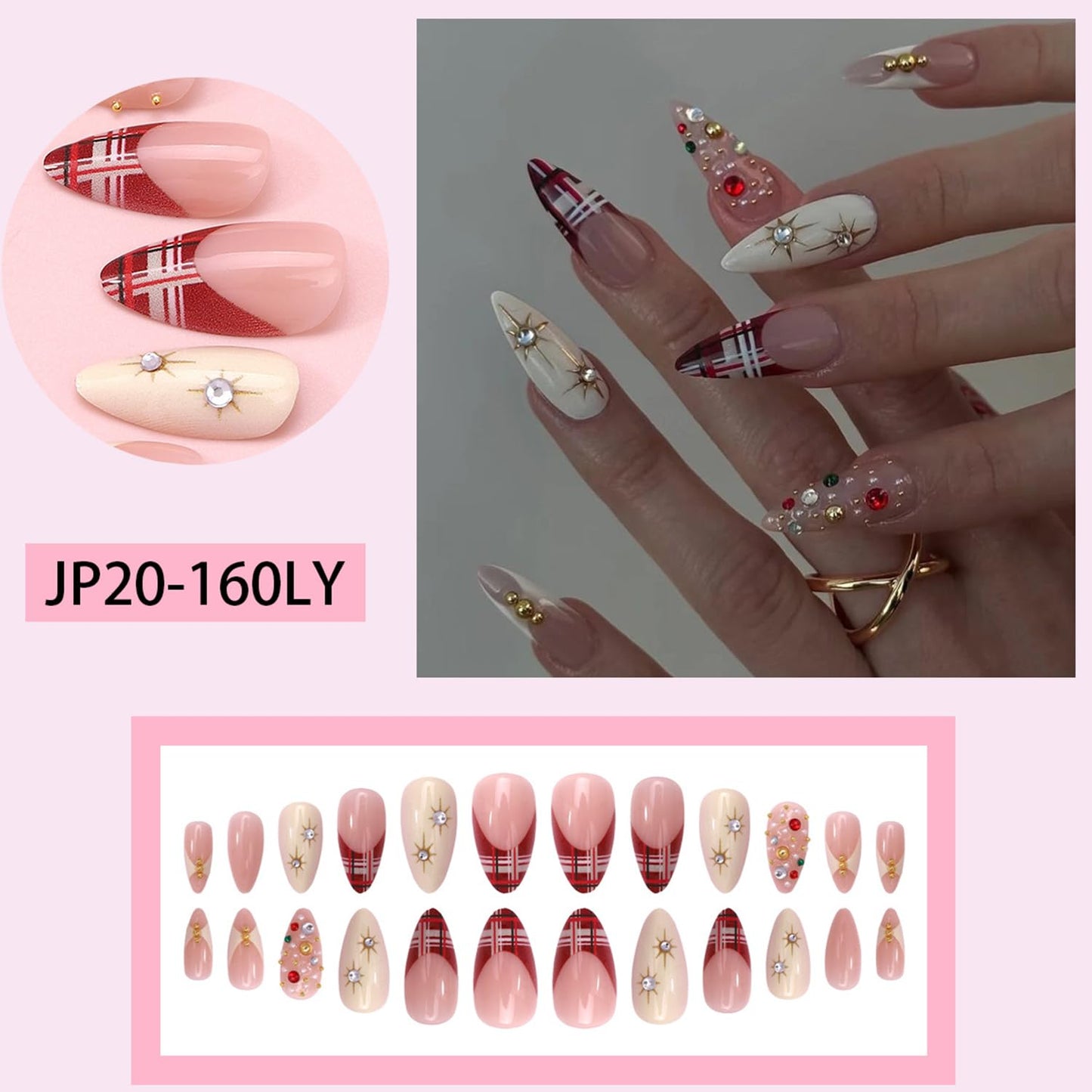CJDLTS French Plaid Stripes Press on Nails Almond Artificial Medium Acrylic False Nails 3D Rhinestones Stick on Nail Gold Beads Artificial Fingernails Glossy Reusable Coffin for Women Manicure 24Pcs