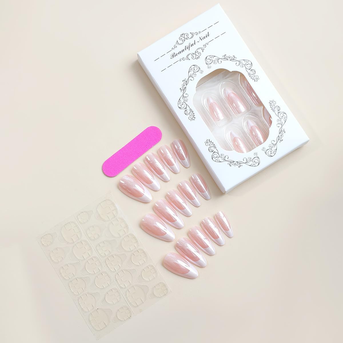 French Tip Press on Nails Medium Almond Fake Nails Press ons with Designs Chrome False Nails Glossy Full Cover Glue on Nails Shiny Acrylic Stick on Nail for Women Nail Decoration 24Pcs