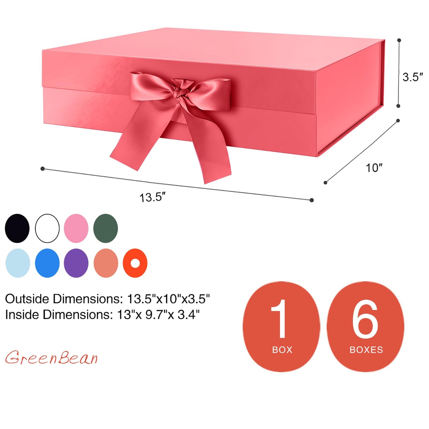GREEN BEAN Large Gift Box with Lid for Presents 13x9.7x3.4 Inches, Red Magnetic with Ribbon Luxury Gift Box, Bridesmaid Proposal Box (Glossy Red)