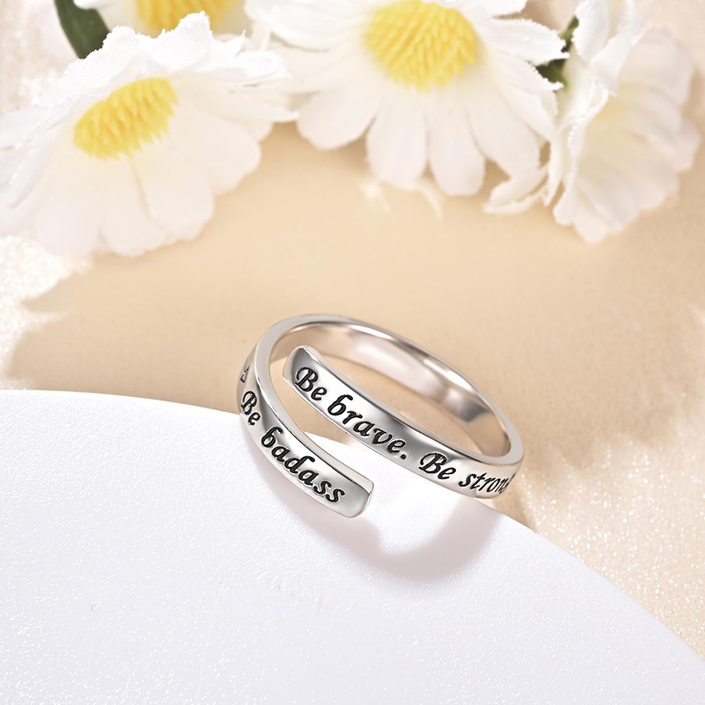925 Sterling Silver Inspirational Jewelry Adjustable Wrap Open Ring Encouragement Gift for Women(Be brave. Be strong. Be badass)