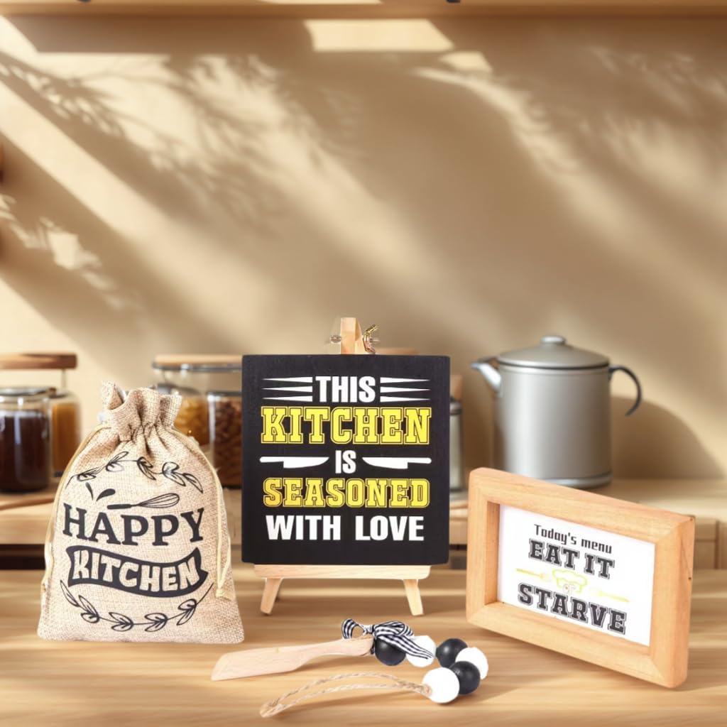 Rustic Farmhouse Kitchen Decor Set - 5-Piece Wooden Signs with Funny & Inspirational Quotes, Free-Standing Shelf & Tabletop Decor for Counter, Dining Room, Cafe - Housewarming Gift for Chef, Home
