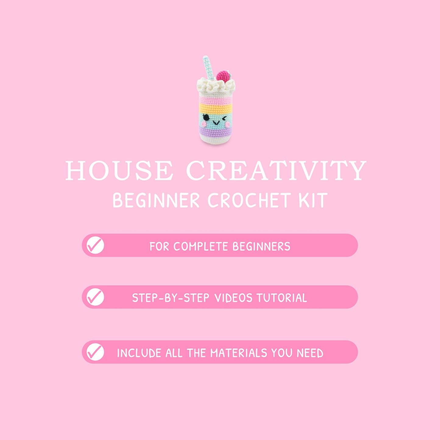 HOUSE CREATIVITY Beginner Crochet Kit for Adults, Beginners Crocheting Knitting Kit with Yarn Sets, Step-by-Step Video Tutorials,Animal Craft Kit, Holiday Birthday Gifts(Cup with Straw)