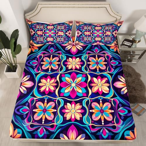 Feelyou Boho Bed Sheets Set Twin Size Southwestern Geometric Bedding Set for Kids Boys Girls Southwest Native American Design Sheets with Deep Pocket Fitted Sheet Tribal Bedding Set - color: Aubergine, size: Twin