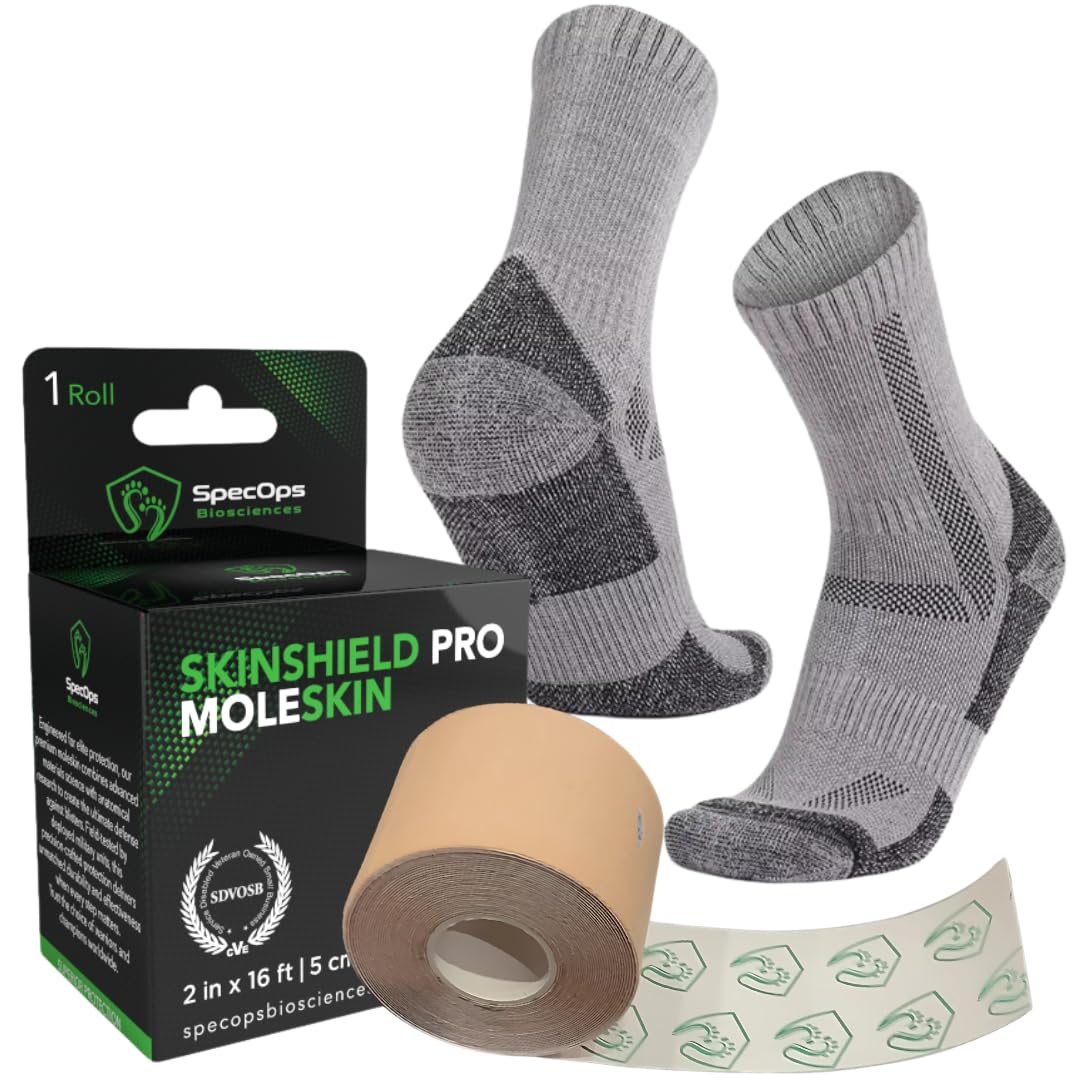 SpecOps Biosciences Trail-Ready Foot Combo – Military-Grade Moleskin + 2 Pairs Merino Wool Blend Socks for Hiking, Rucking & Long Miles