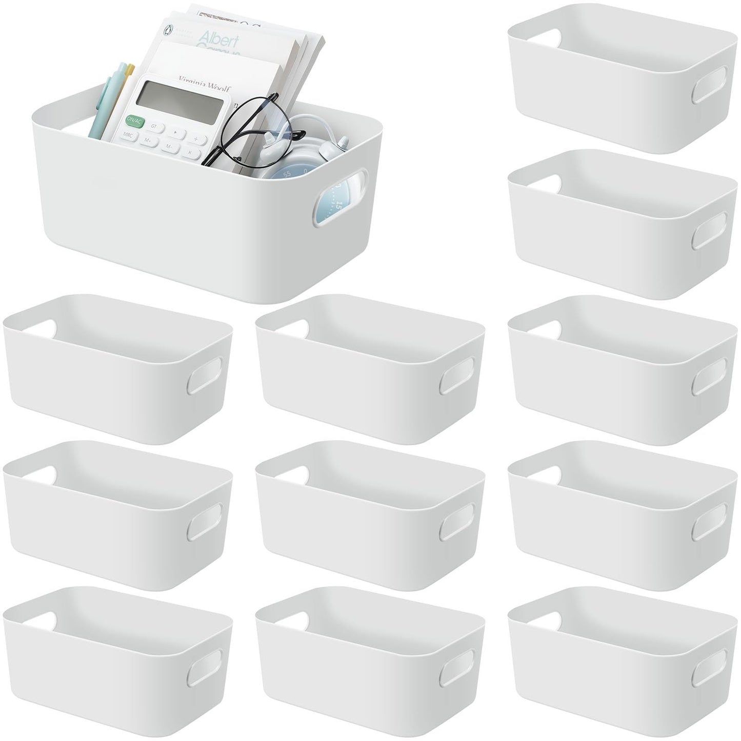 Geetery 12 Pieces Plastic Storage Bins Basket with Handles Toy Organizers and Storage Bins for Home Cupboard Kitchen Bathroom Office Pantry Organization (9.6 X 6.3 X 3.9 Inch,White)