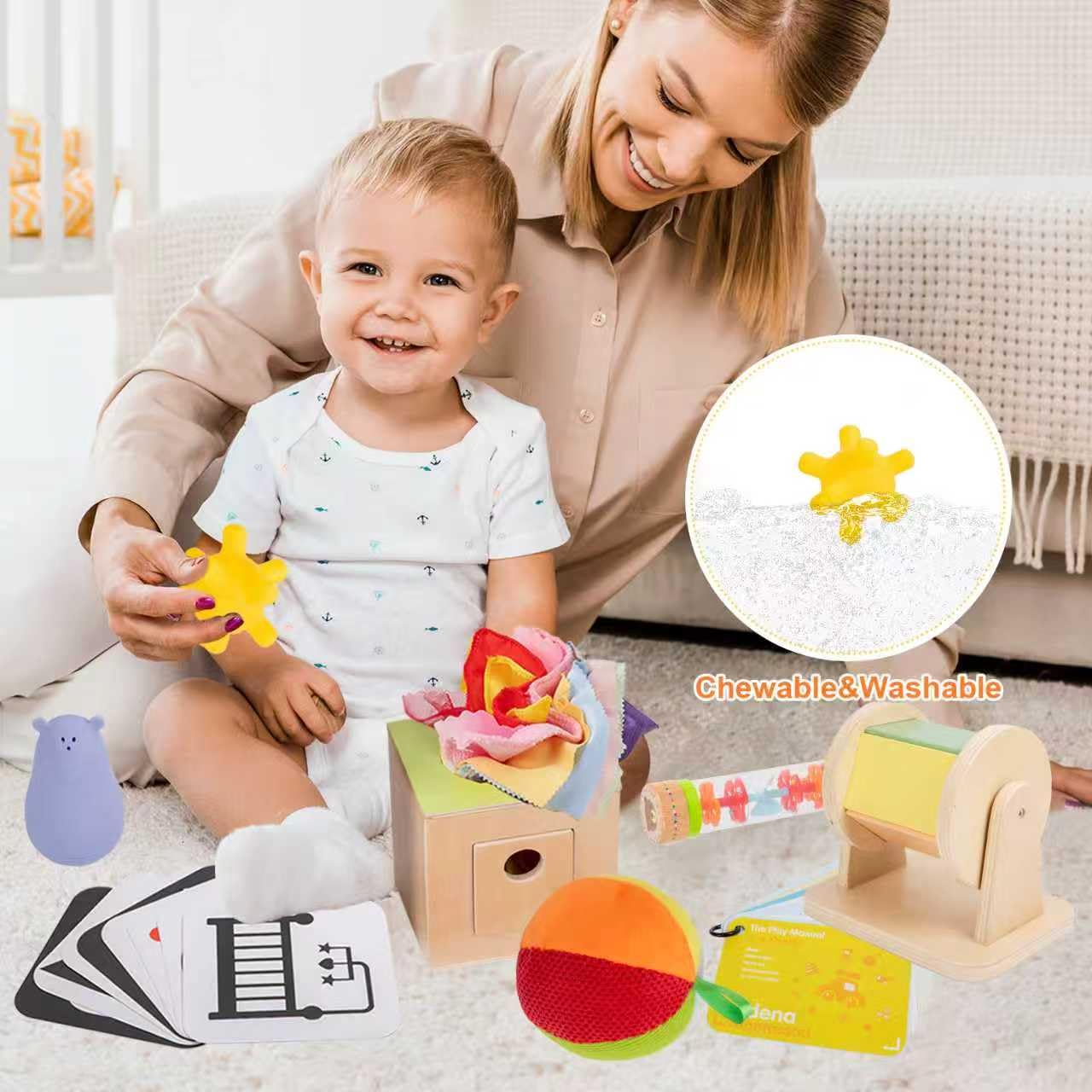 Adena Montessori Play Kit for 0-6 Month Baby,8 in 1 Learning Kit Includ Black&White Card,Rainmake Rattle,Sensory Ball,Tummy Time Wobbler,Tissue Box,Tissue,Rainbow Ball,Rainbow Drum